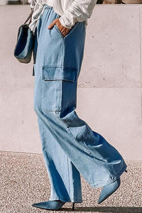 Wide Leg Chambray Cargo Jeans